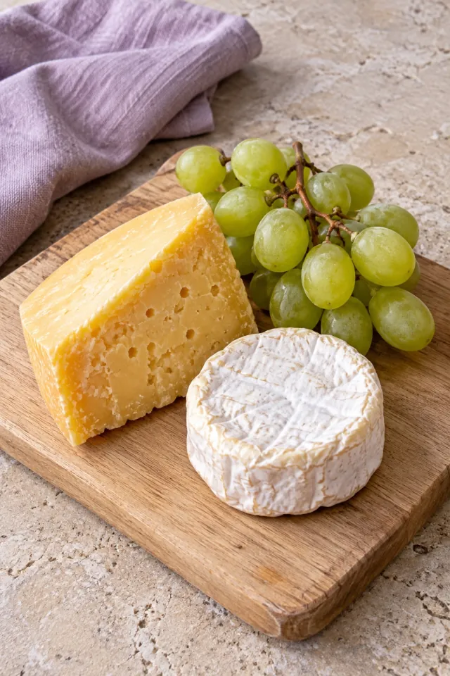 Cheese and Grapes on a Bright Table