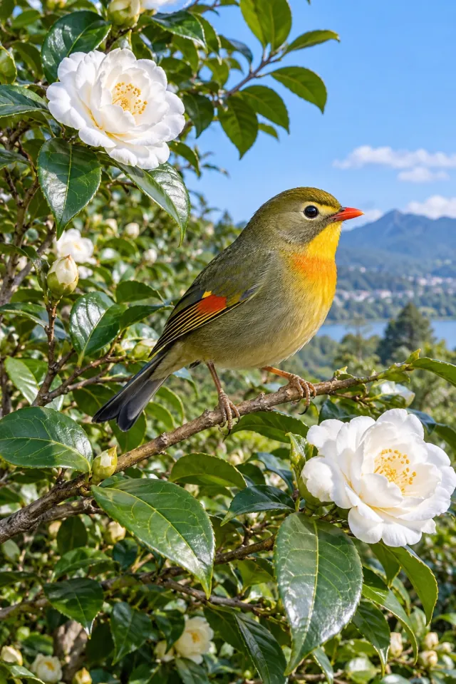 Red-Billed Leiothrix among Green Leaves