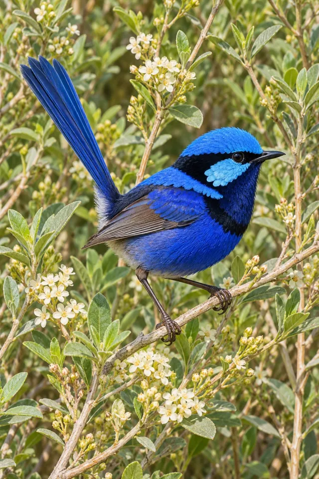 Blue Fairywren among Low Shrubs