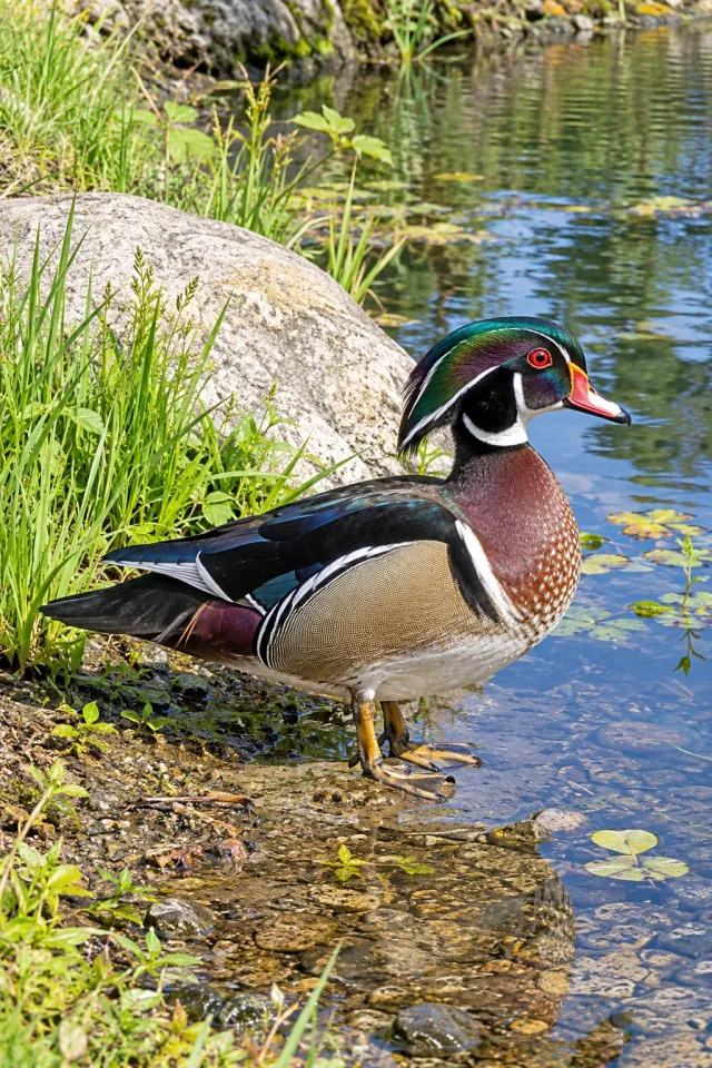 Wood Duck beside a Clear Pond