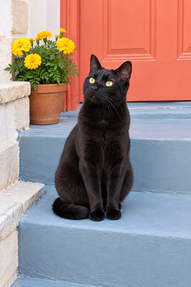 Black Cat on Blue Steps