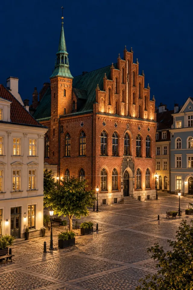Brick Town Hall under Night Lamps
