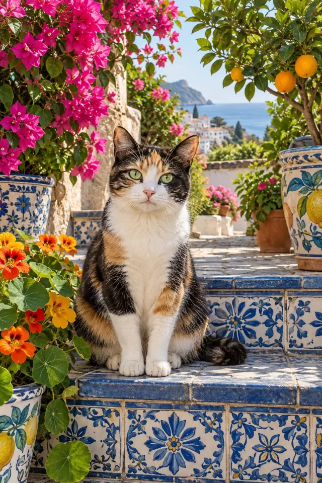 Calico Cat in the Mosaic Courtyard