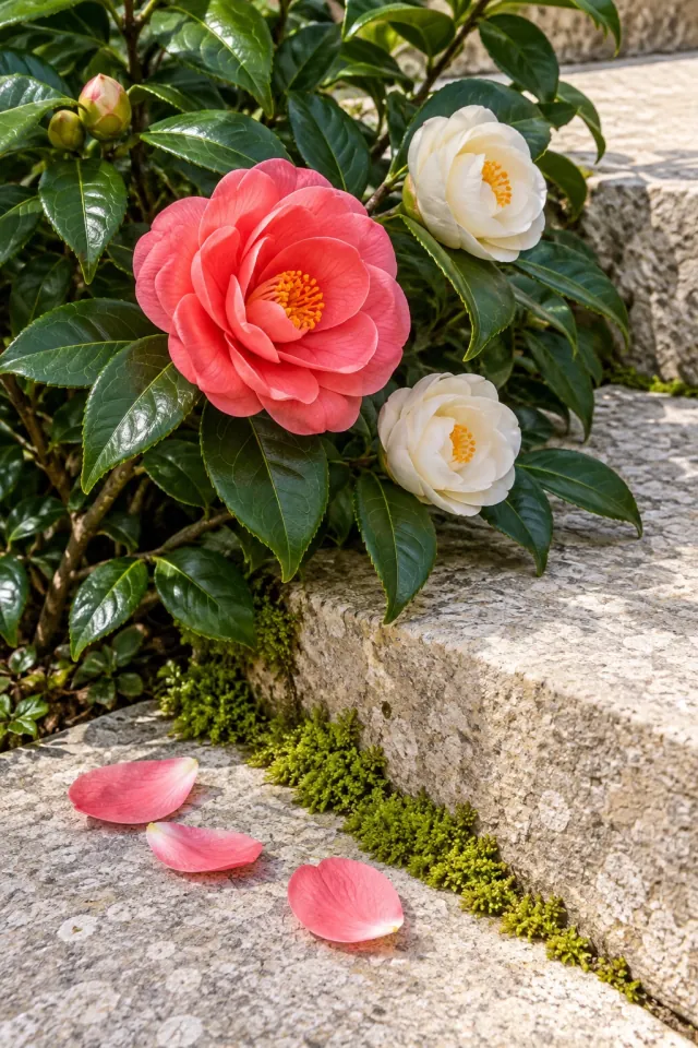 Camellias on Mossy Steps