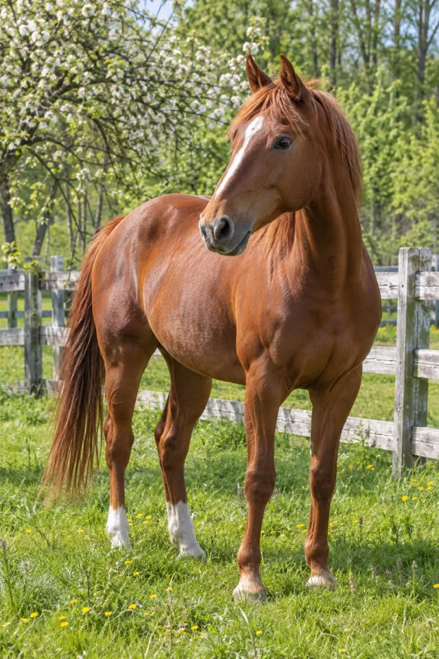 Chestnut Horse in a Sunny Meadow
