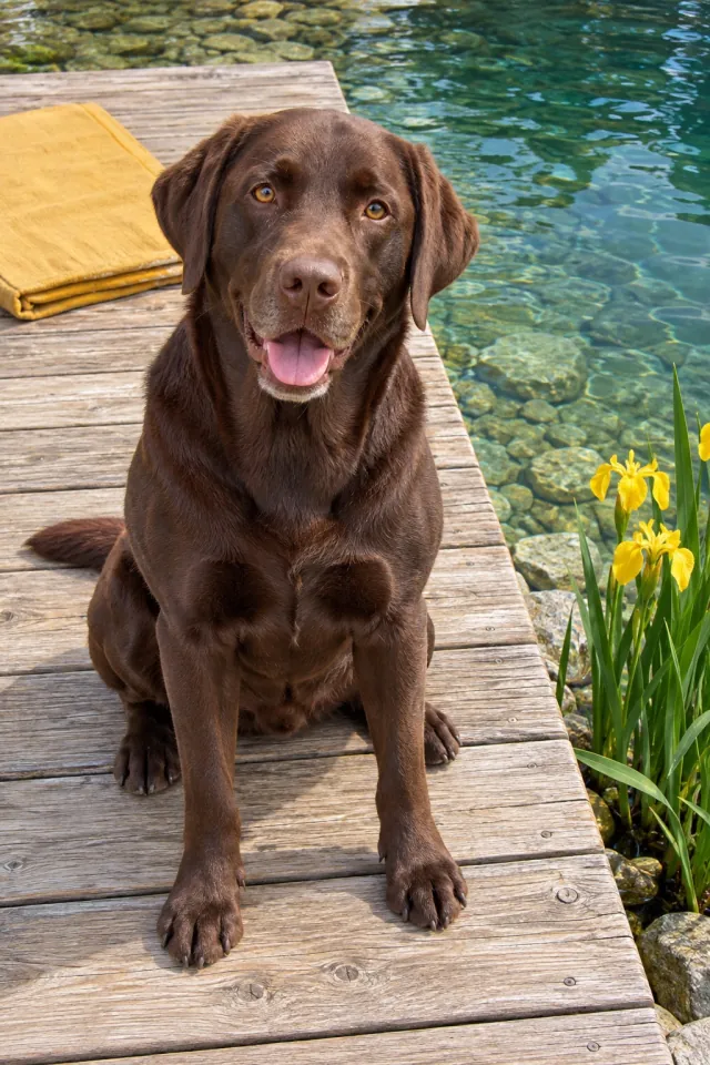 Chocolate Labrador by the Lake