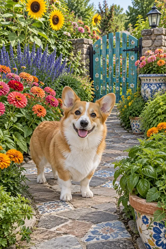 Corgi in the Flower Garden