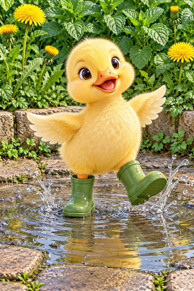 Duckling in Boots beside a Puddle