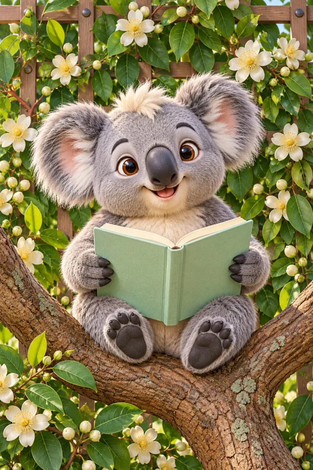Koala Reading among Blossoms