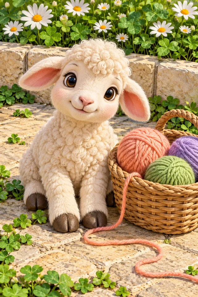 Lamb and a Basket of Colorful Yarn