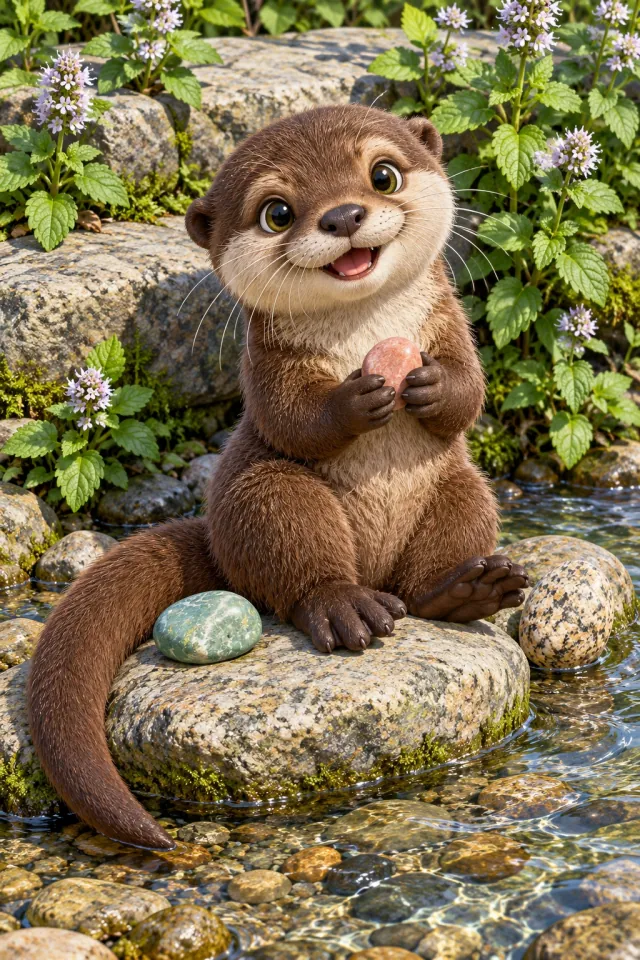 Little Otter Collecting Pebbles