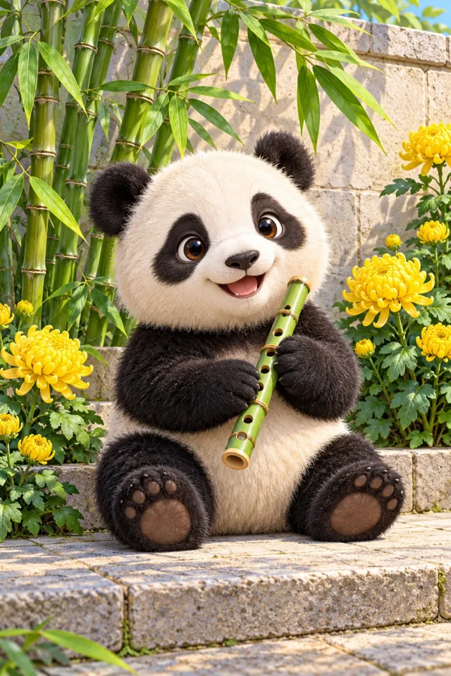 Panda Cub with a Bamboo Flute