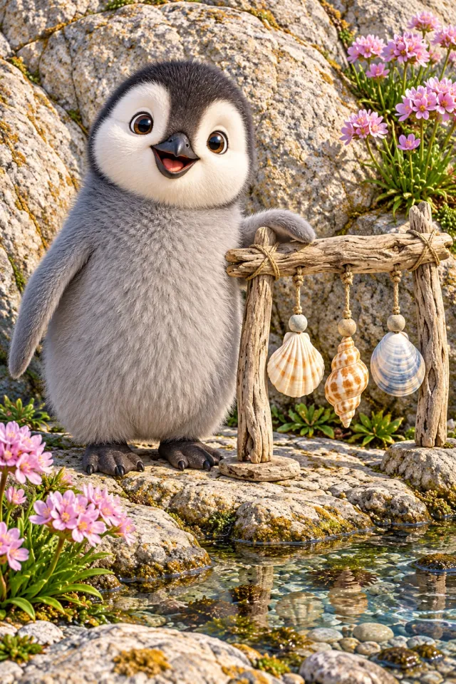 Penguin Chick and a Shell Chime