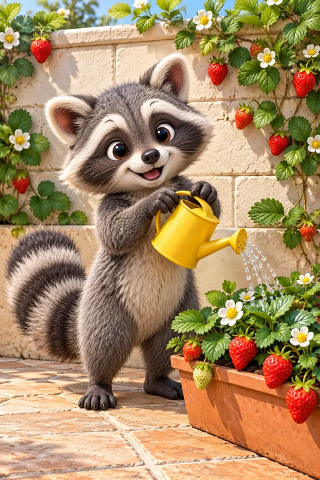 Raccoon Tending Strawberries