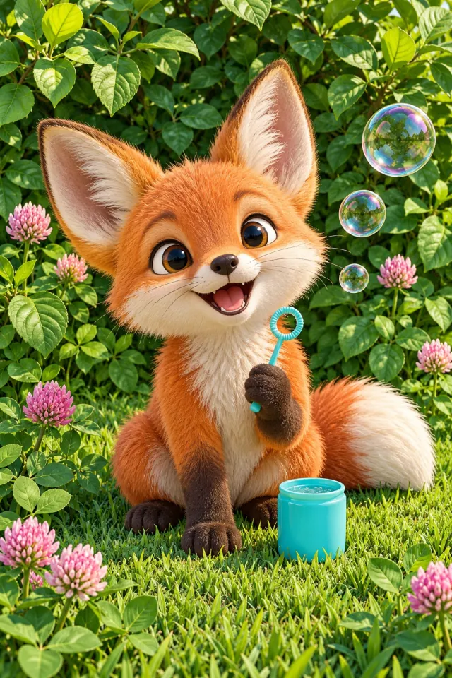 Fox Cub Blowing Soap Bubbles