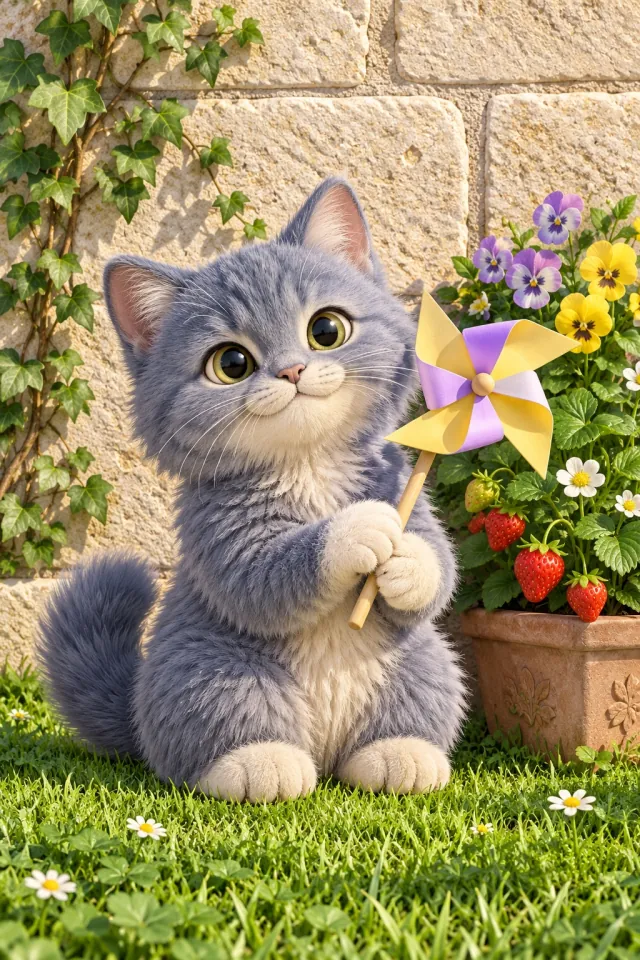 Kitten with a Paper Pinwheel