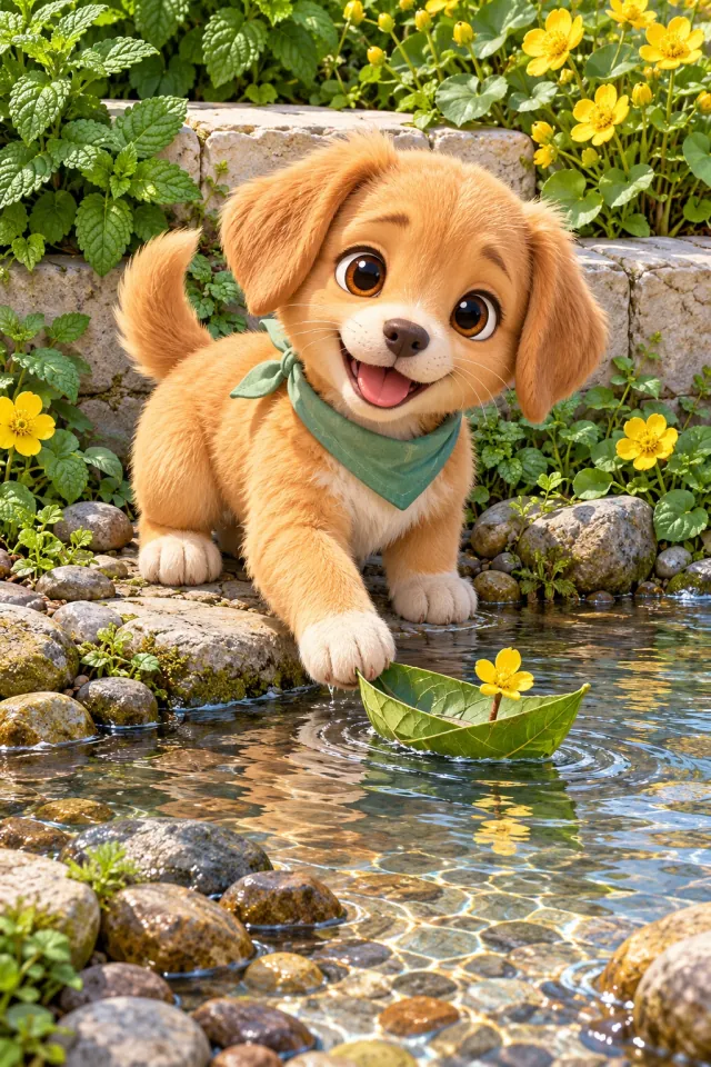 Puppy and a Little Leaf Boat