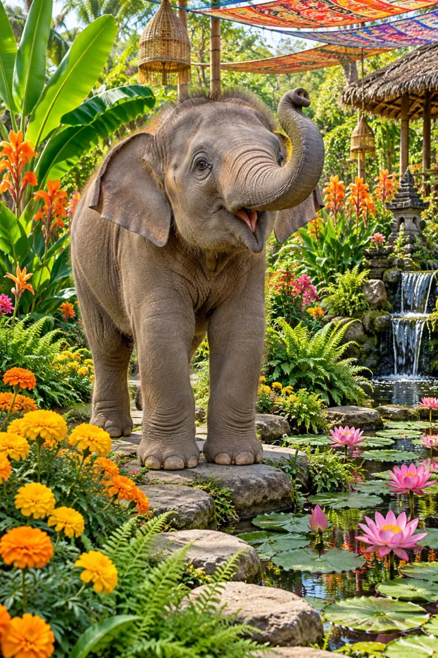 Baby Elephant in the Lotus Garden