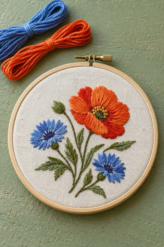 Floral Embroidery in a Wooden Hoop