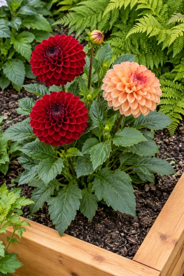 Crimson Dahlias in a Modern Garden Bed