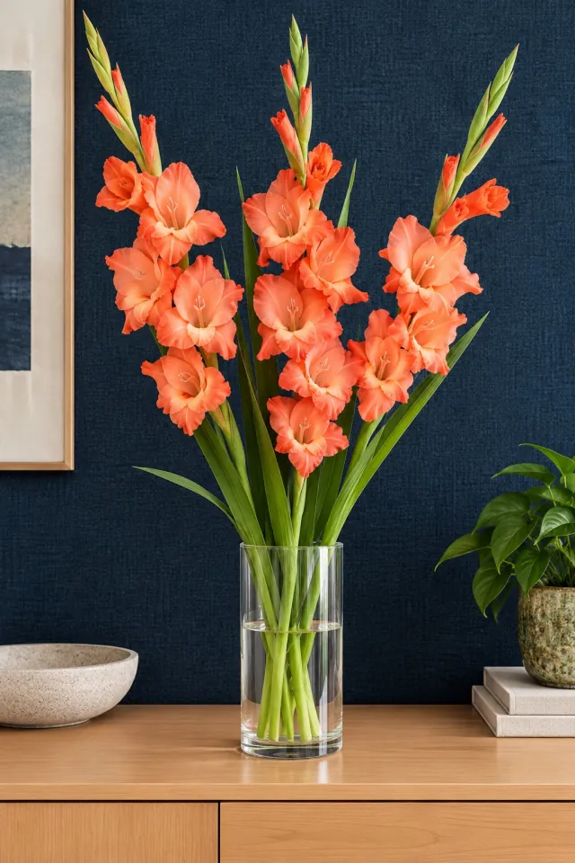 Gladioli against Navy Textile