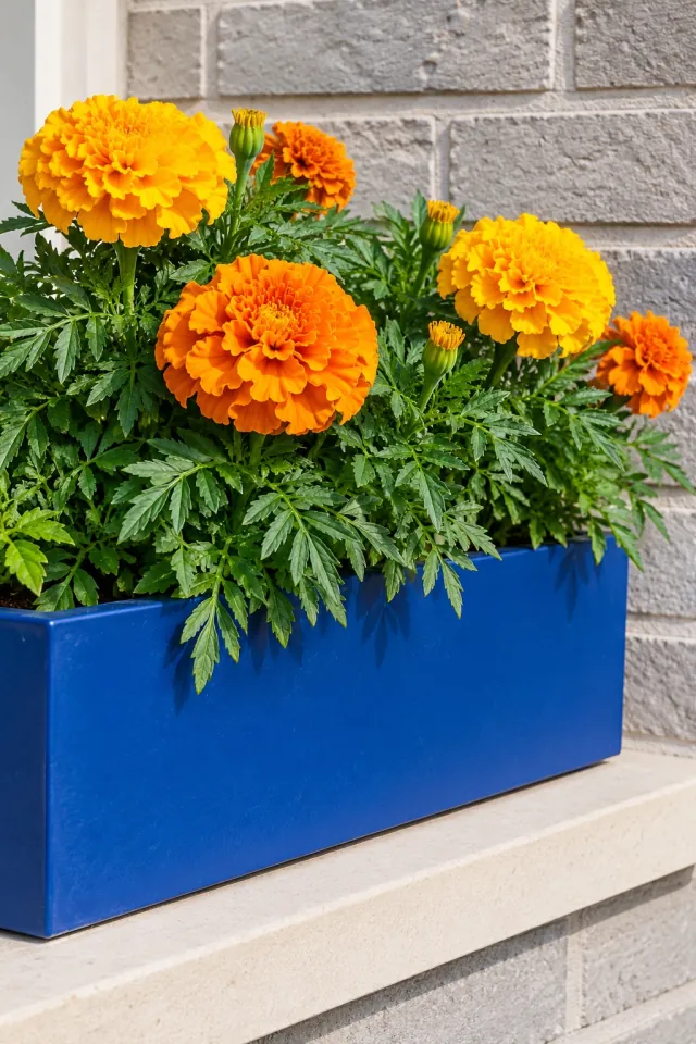 Marigolds in a Cobalt Planter