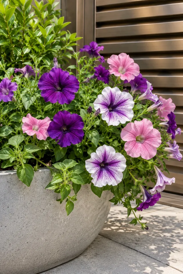 Petunias beside Bronze Louvers
