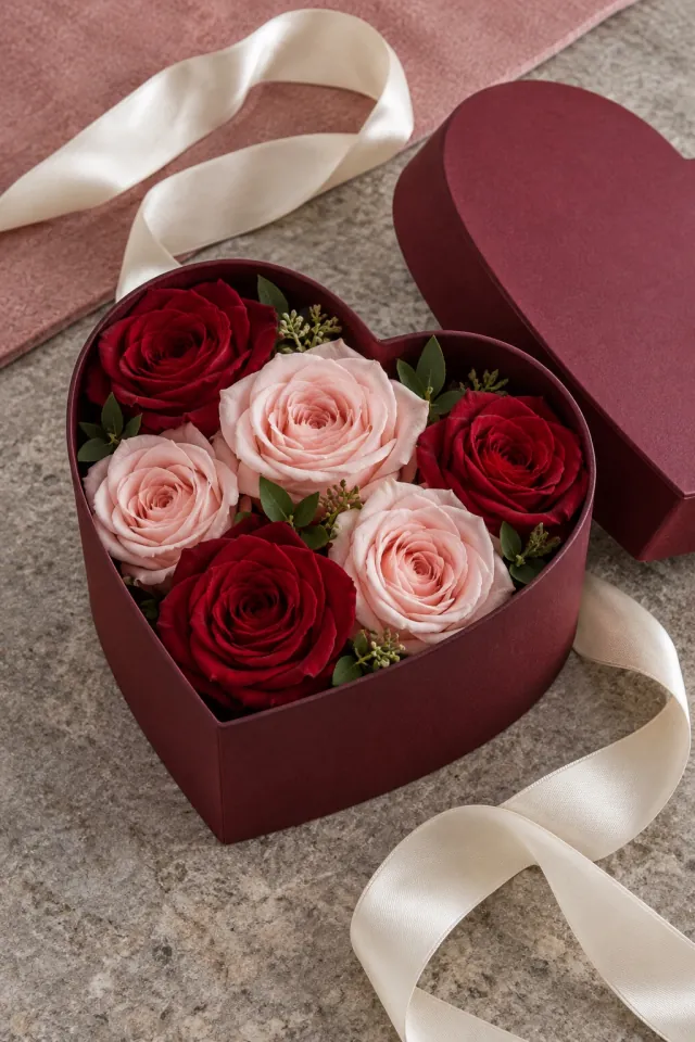 Roses in a Heart-Shaped Gift Box