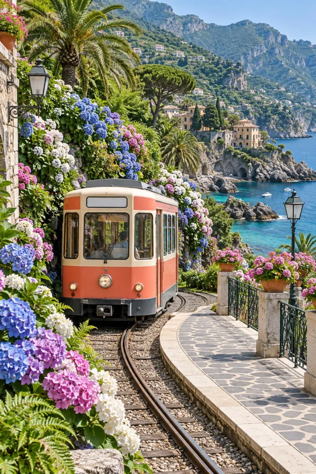 Coastal Tram among Hydrangeas