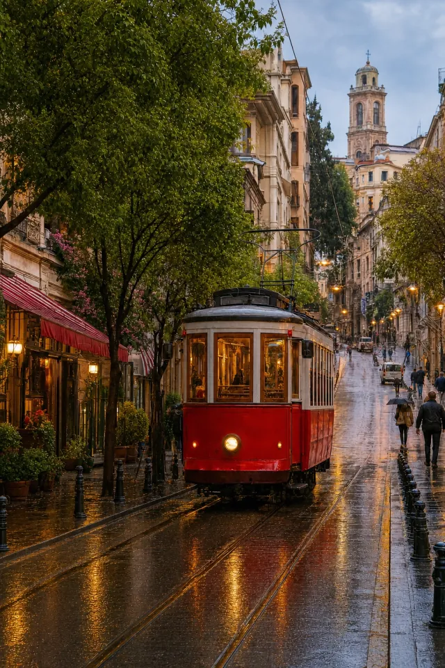 Red Tram After Rain