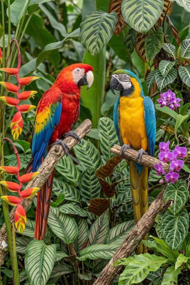Macaws among Heliconias