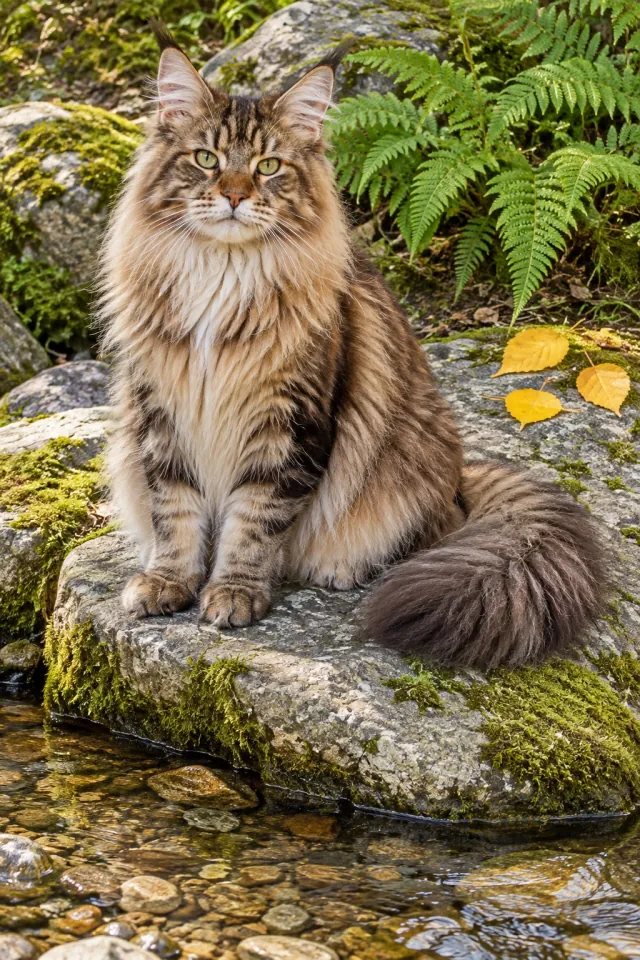 Maine Coon on Mossy Stone