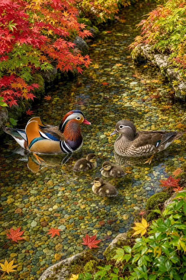 Mandarin Ducks in the Autumn Stream