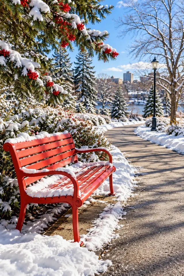 Winter Colorful Park Bench