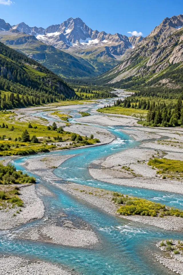 Braided River in a Sunlit Mountain Valley