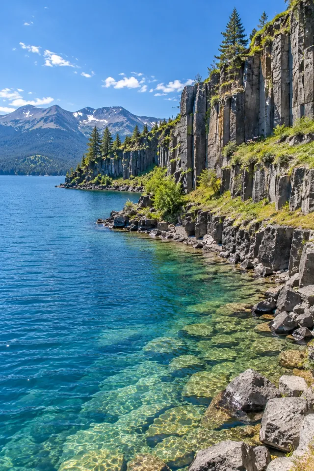Columnar Cliffs above a Clear Lake