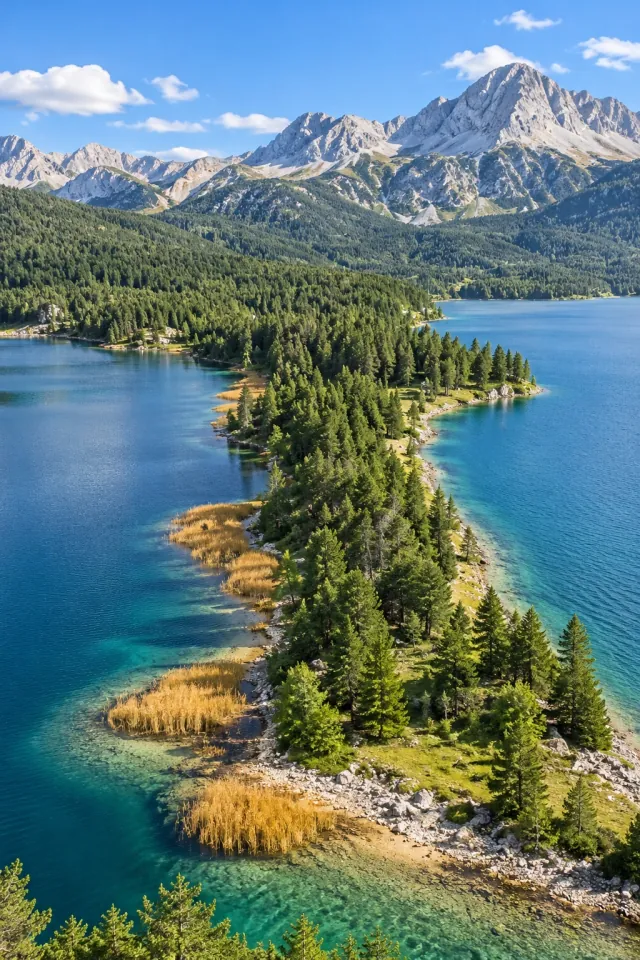 Golden Reeds beside a Mountain Peninsula
