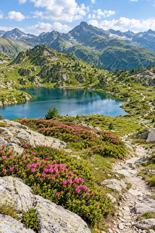 Flowering Rhododendron and a Mountain Tarn
