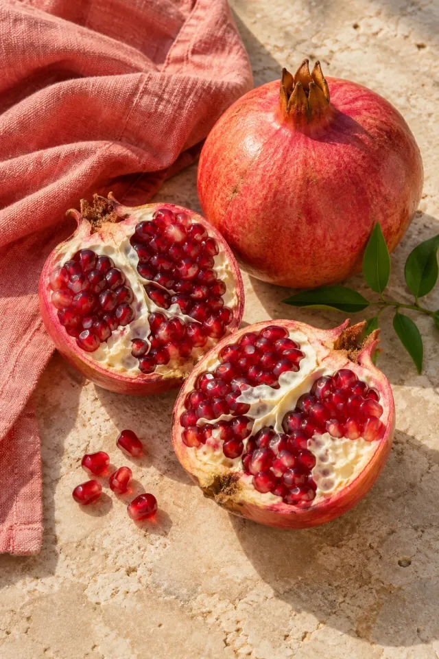 Ripe Pomegranates on Coral Linen
