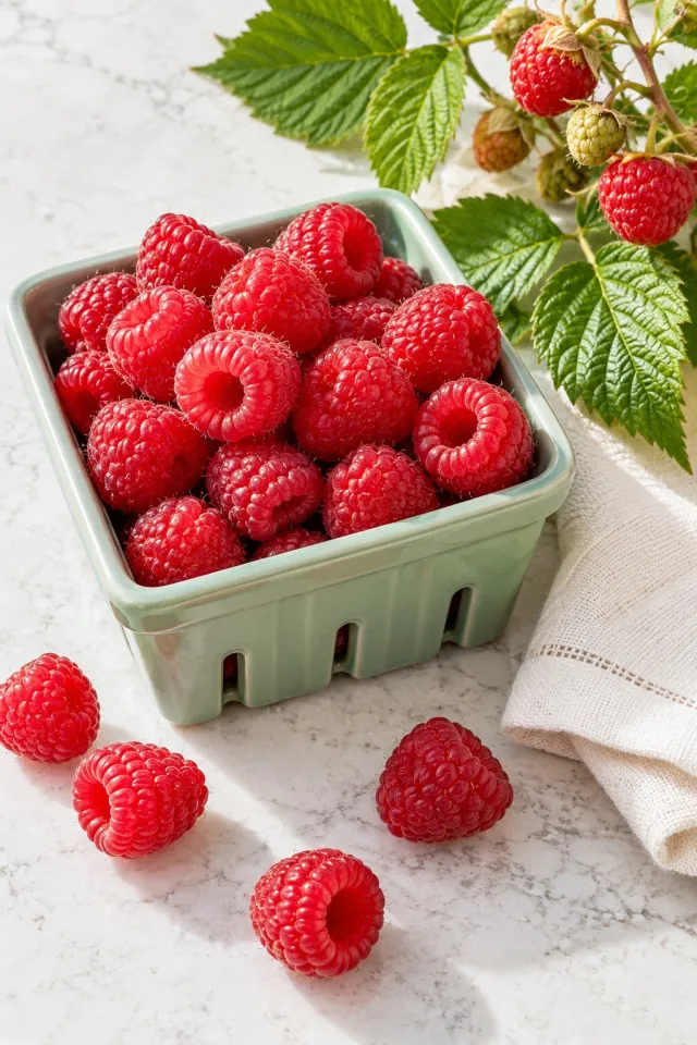 Raspberries on Green Ceramics