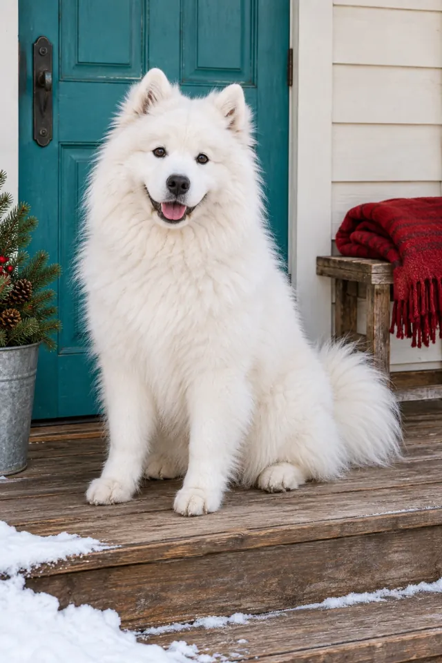 Samoyed on a Winter Porch