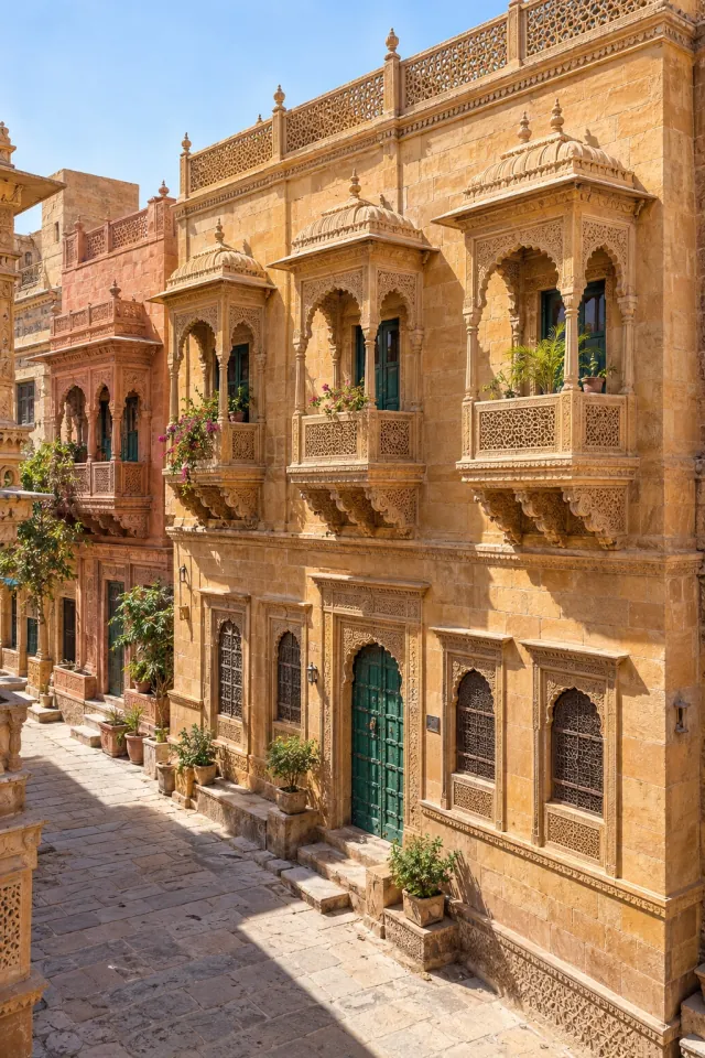 Sunlit Sandstone Balcony Street