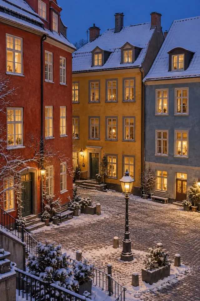 Colorful City Square on a Winter Night
