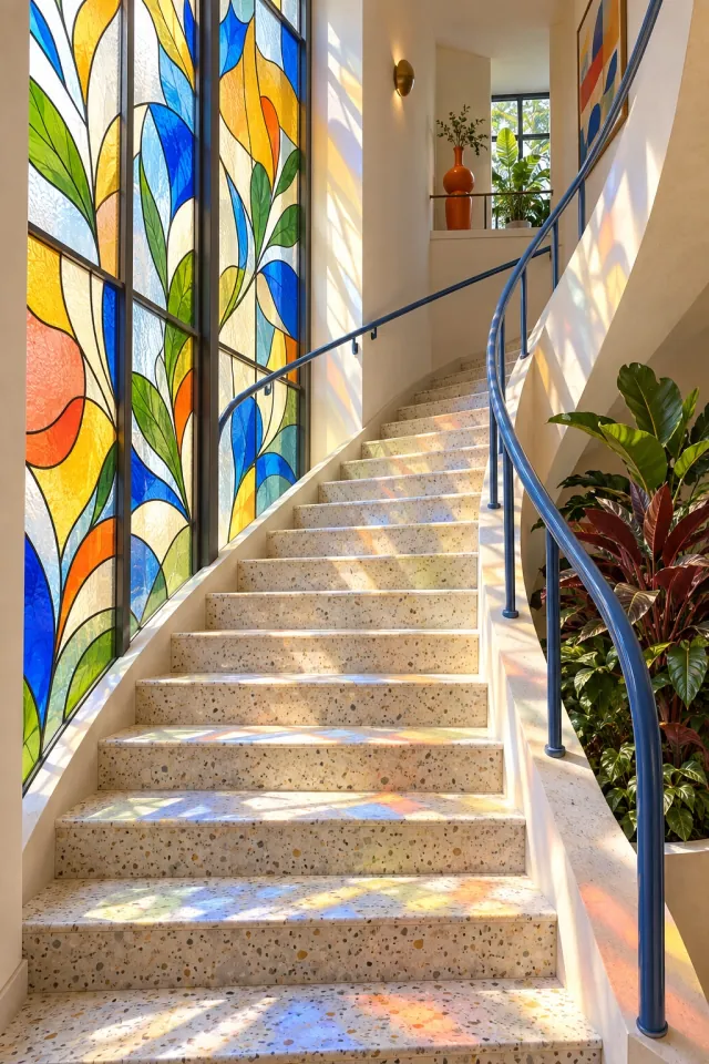 Stairway in Stained-Glass Light