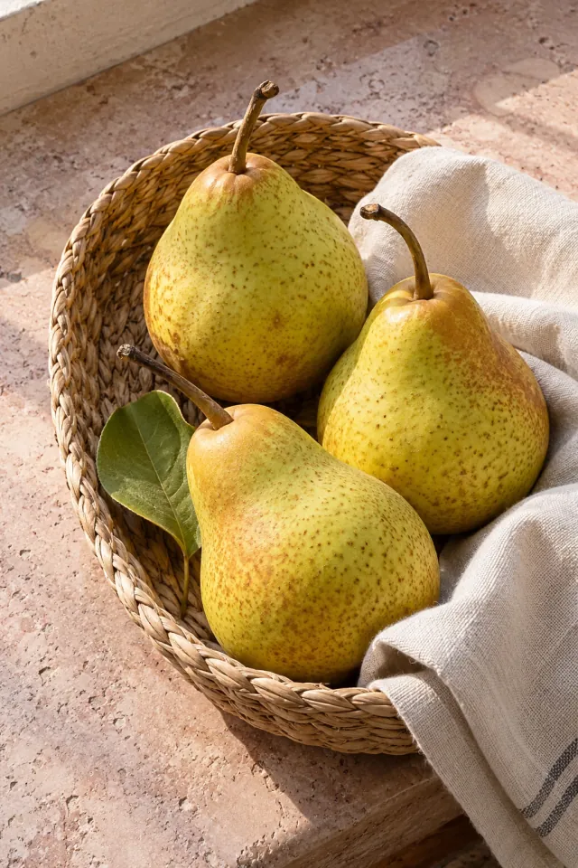 Sunlit Pears on a Woven Tray