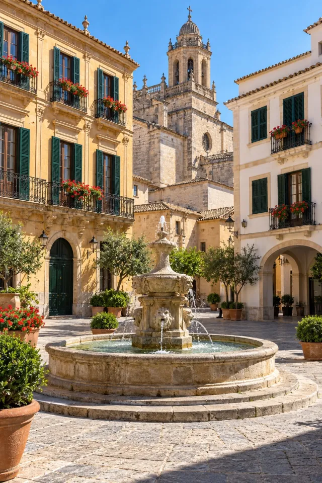 Sunlit Iberian Fountain Square