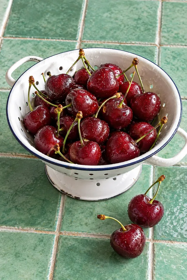 Sweet Cherries in White Enamel