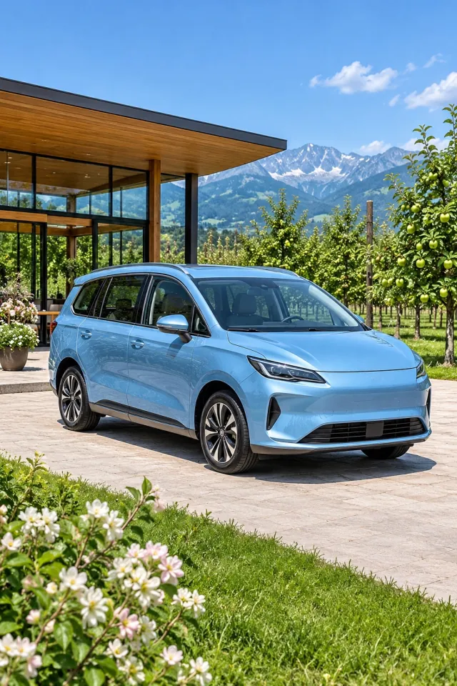 Blue Family Car beside an Orchard