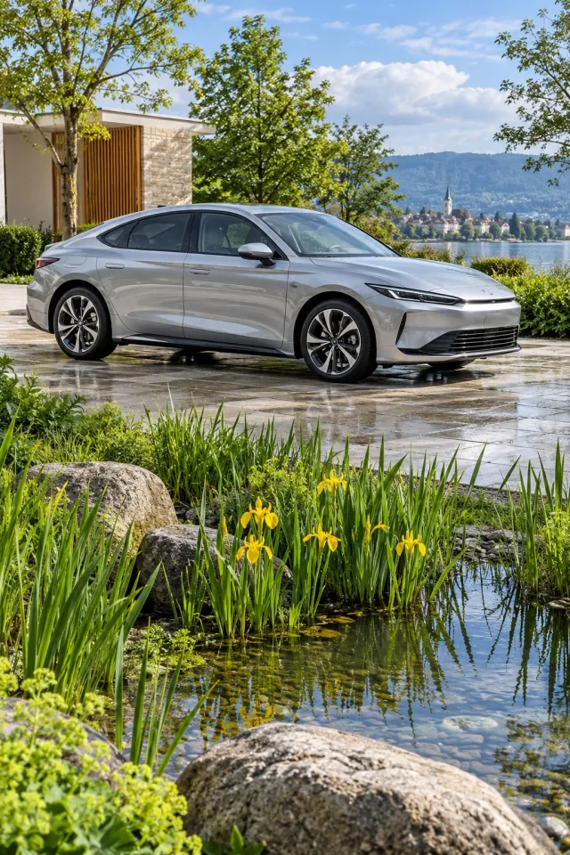 Silver Liftback beside a Rain Garden