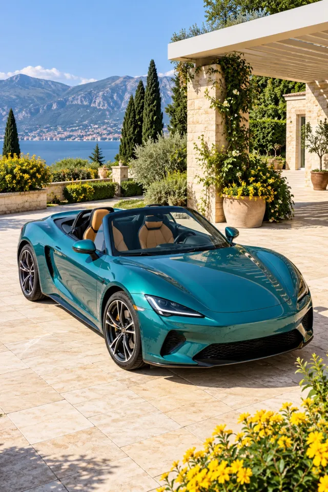 Teal Roadster in a Flower Courtyard